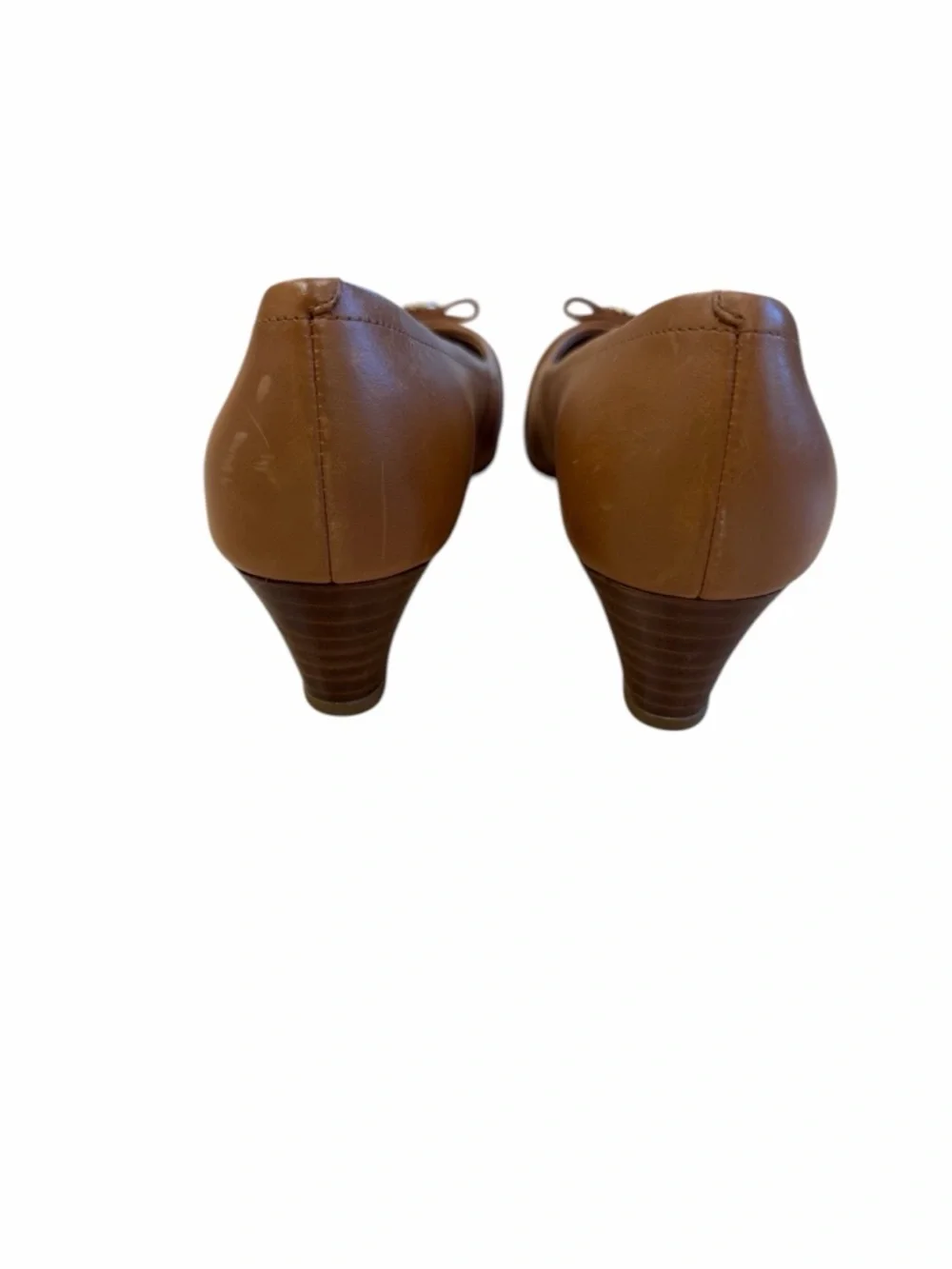 Cole Haan Cognac Leather‎ Low Wedge Pump with Bow and Gold Logo